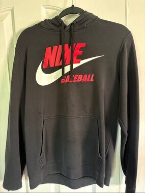 Nike Black Hoodie with Red Nike & White Swoosh Baseball Graphic